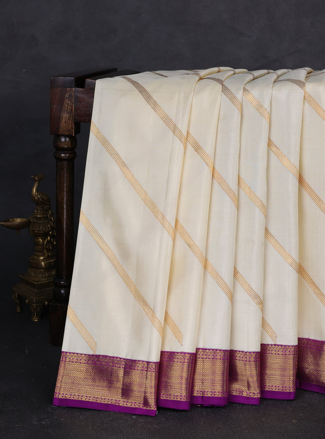 Cream - Purple Pure Kanchipuram Silk Saree