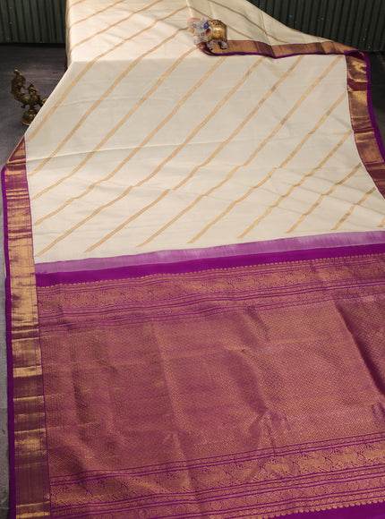 Cream - Purple Pure Kanchipuram Silk Saree