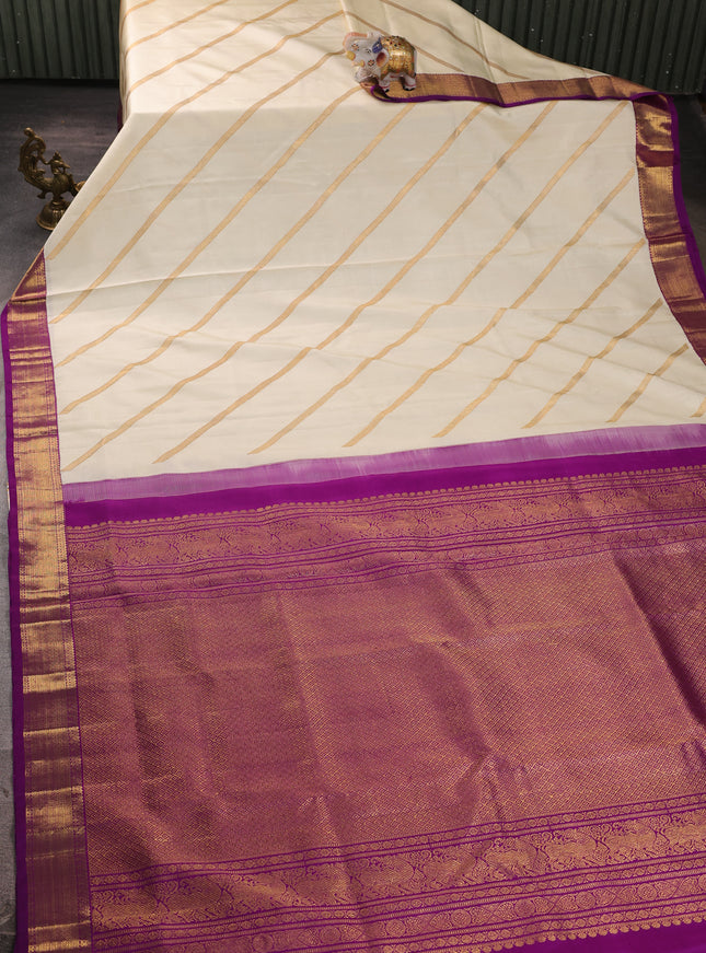 Cream - Purple Pure Kanchipuram Silk Saree