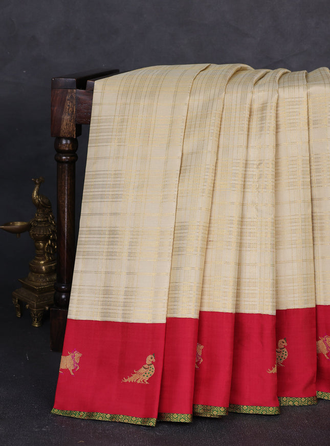 Beige - Red Pure Kanchipuram Silk Saree