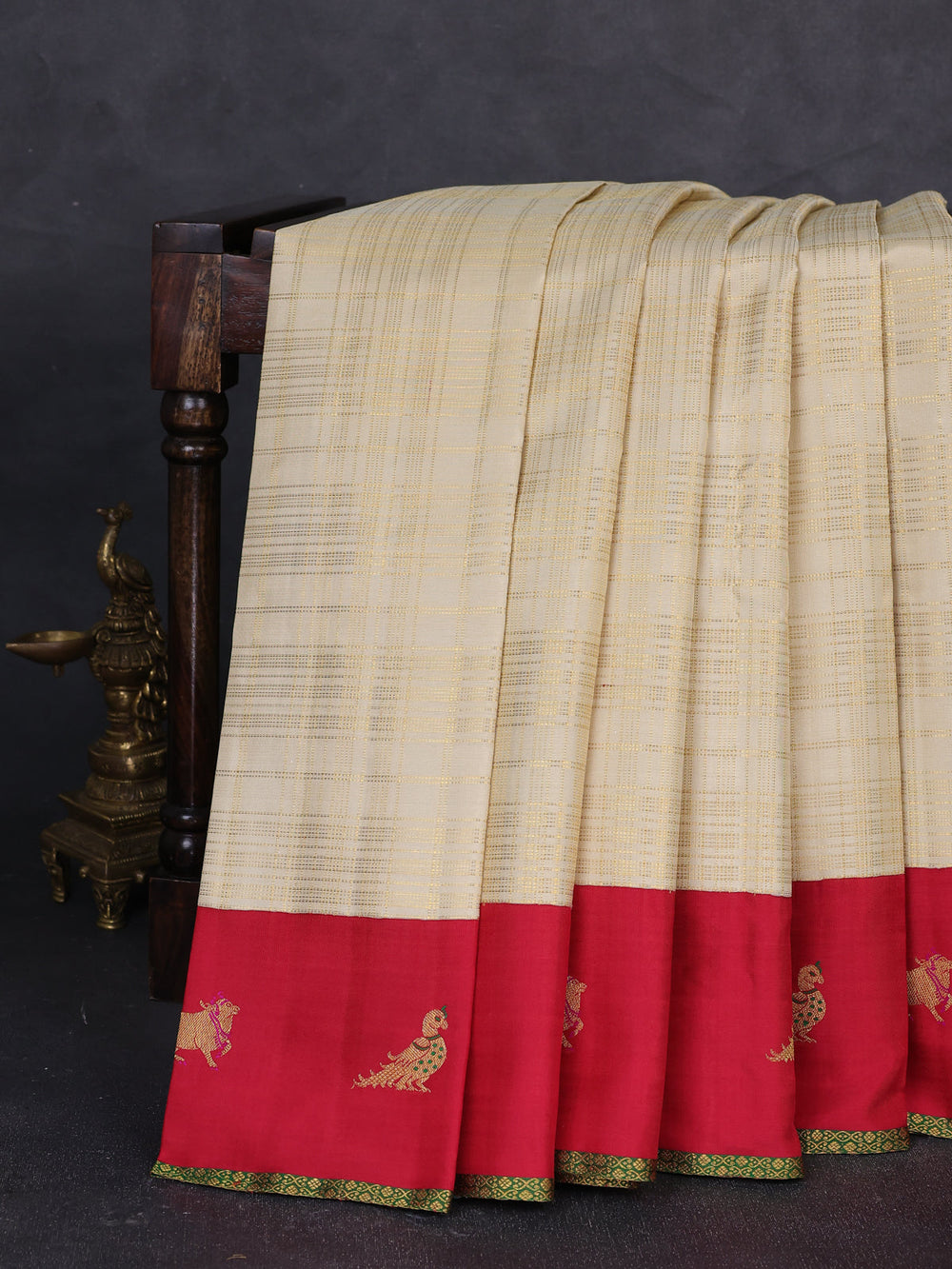 Beige - Red Pure Kanchipuram Silk Saree