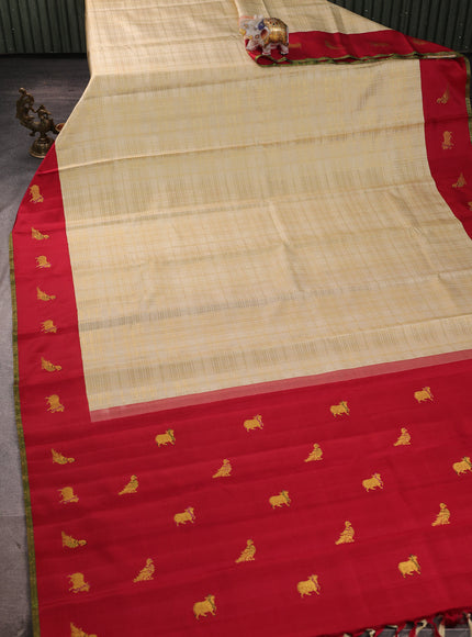 Beige - Red  Pure Kanchipuram Silk Saree