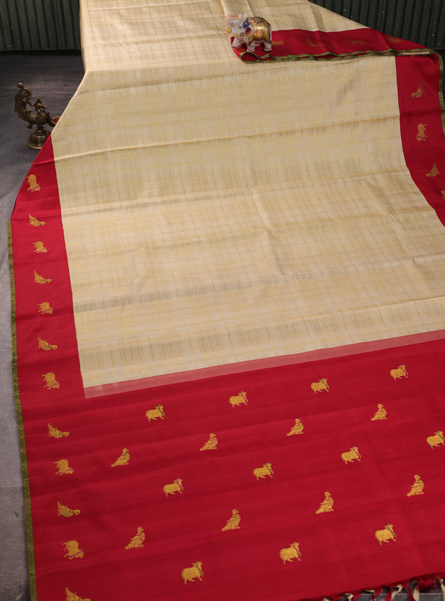 Beige - Red Pure Kanchipuram Silk Saree