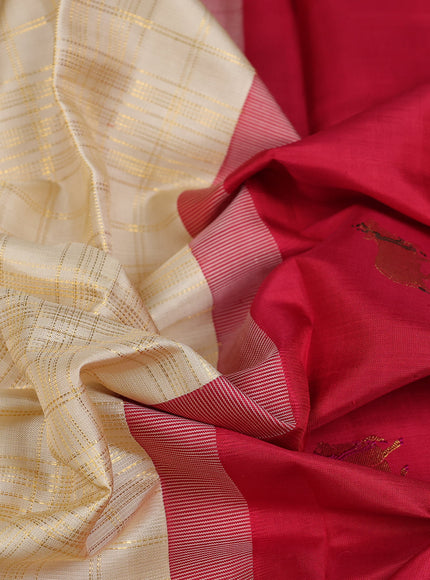 Beige - Red  Pure Kanchipuram Silk Saree