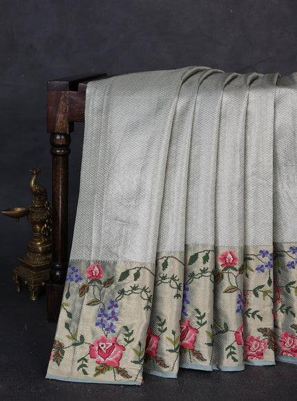 Silver Grey Pure Kanchipuram Tissue Embroidery Silk Saree