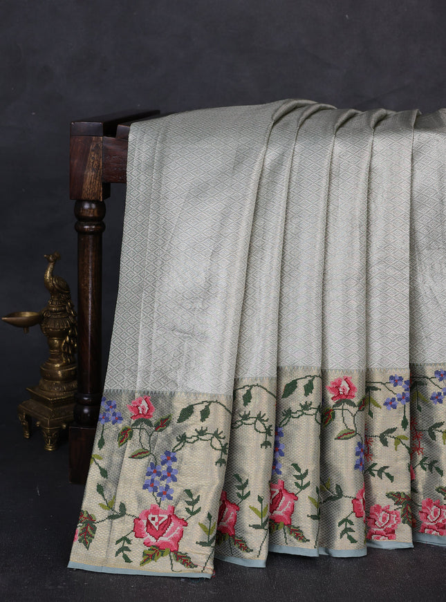 Silver Grey Pure Kanchipuram Tissue Embroidery Silk Saree