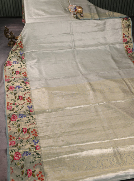 Silver Grey Pure Kanchipuram Tissue Embroidery Silk Saree