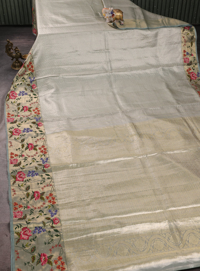 Silver Grey Pure Kanchipuram Tissue Embroidery Silk Saree