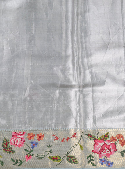 Silver Grey Pure Kanchipuram Tissue Embroidery Silk Saree