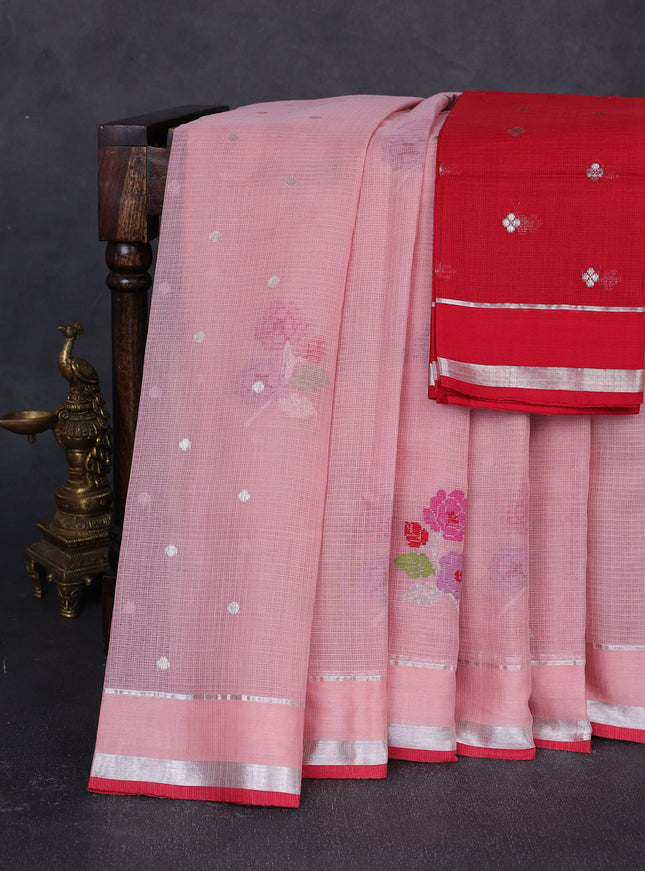 Peach - Red Cotton Zari Kota Saree