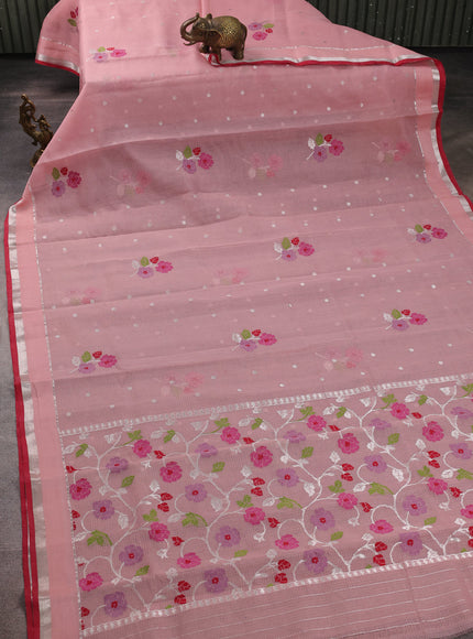 Peach - Red Cotton Zari Kota Silk Saree