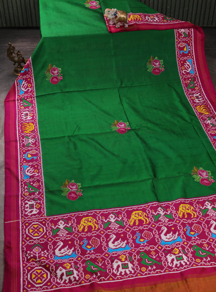 Green - Rani Pink Patan Patola Embroidery Silk Saree