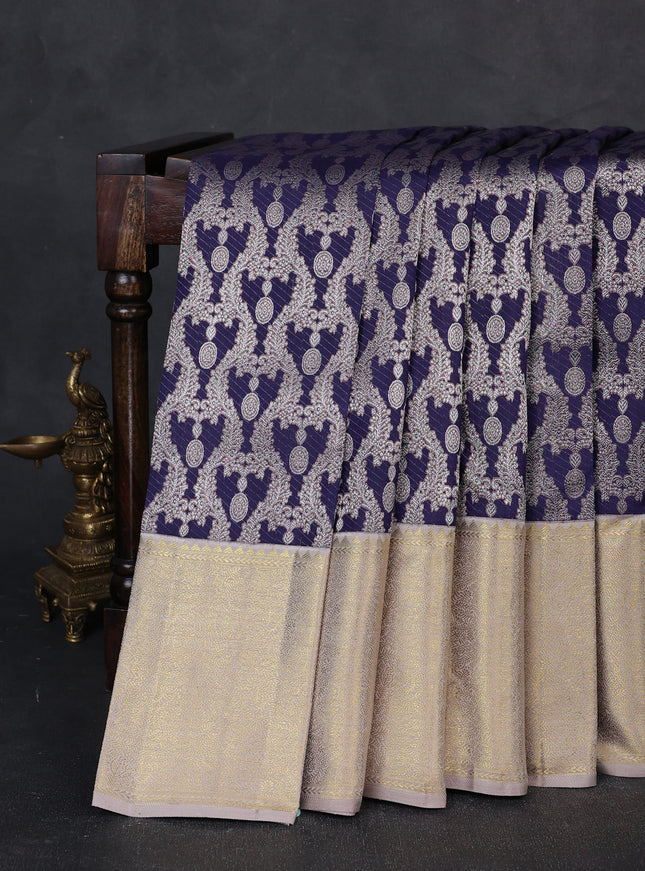 Blue - Beige Pure Kanchipuram Silk Saree