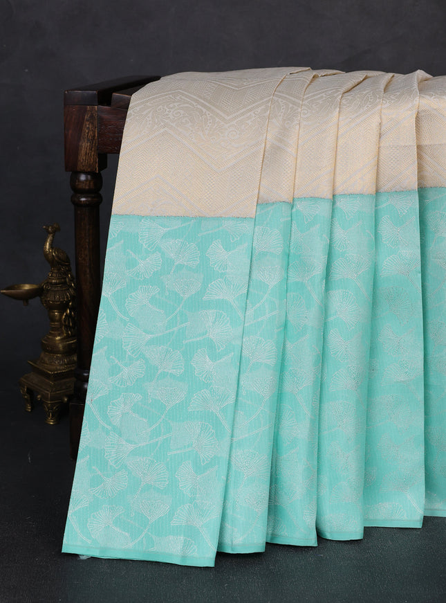 Off White - Sky Blue Pure Kanchipuram Silk Saree