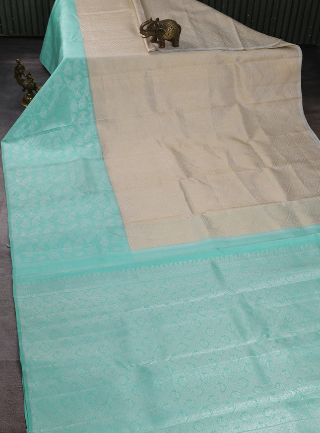 Off White - Sky Blue Pure Kanchipuram Silk Saree