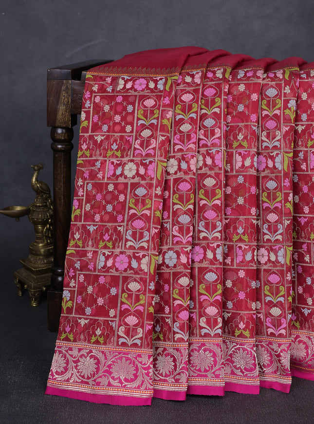 Maroon - Pink Banarasi Kora Real Zari Saree