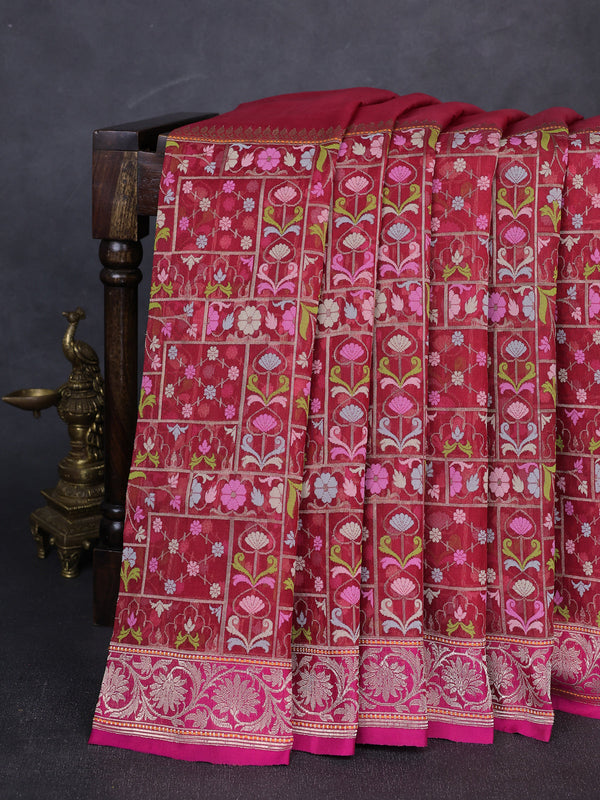 Maroon - Pink Banarasi Kora Real Zari Saree