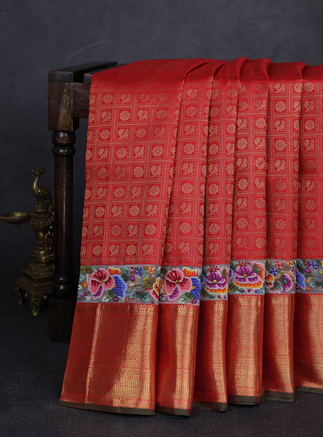 Red Pure Kanchipuram Embroidery Silk Saree
