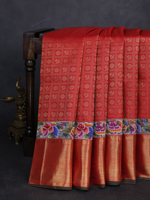 Red Pure Kanchipuram Embroidery Silk Saree