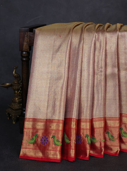 Gold - Red Pure Kanchipuram Embroidery Silk Saree