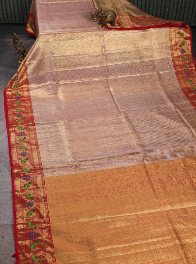 Gold - Red Pure Kanchipuram Embroidery Silk Saree