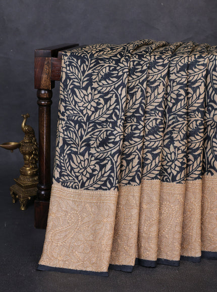 Black - Beige Printed Tussar Chikankari Embroidery Saree