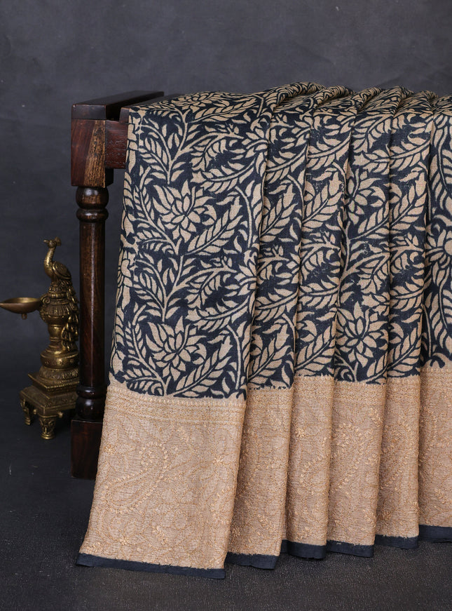 Black - Beige Printed Tussar Chikankari Embroidery Saree