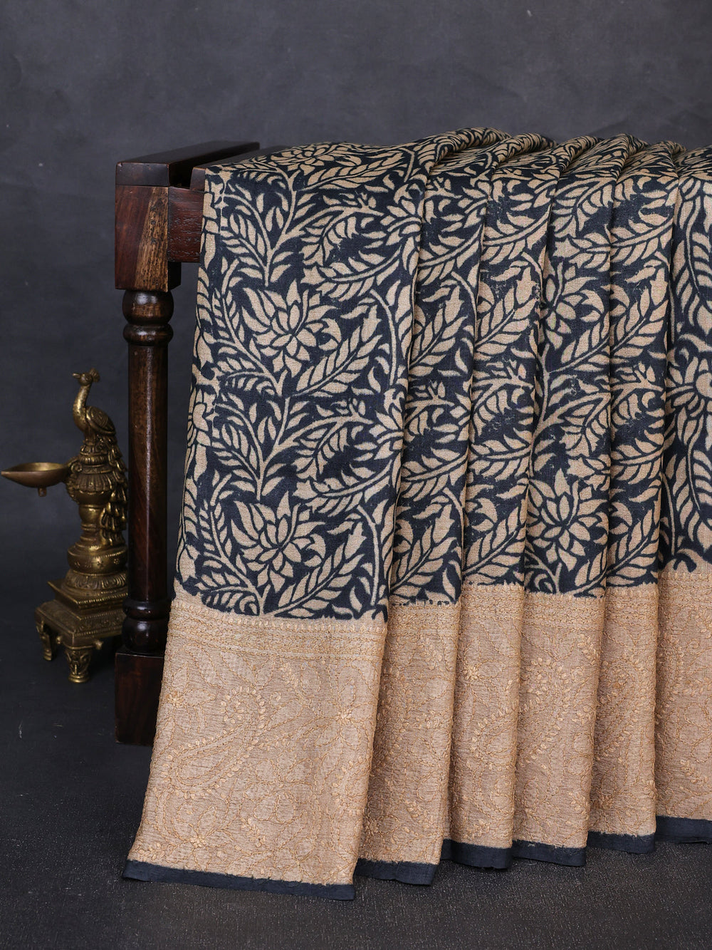 Black - Beige Printed Tussar Chikankari Embroidery Saree