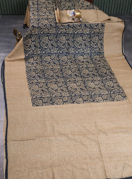 Black - Beige Printed Tussar Chikankari Embroidery Saree