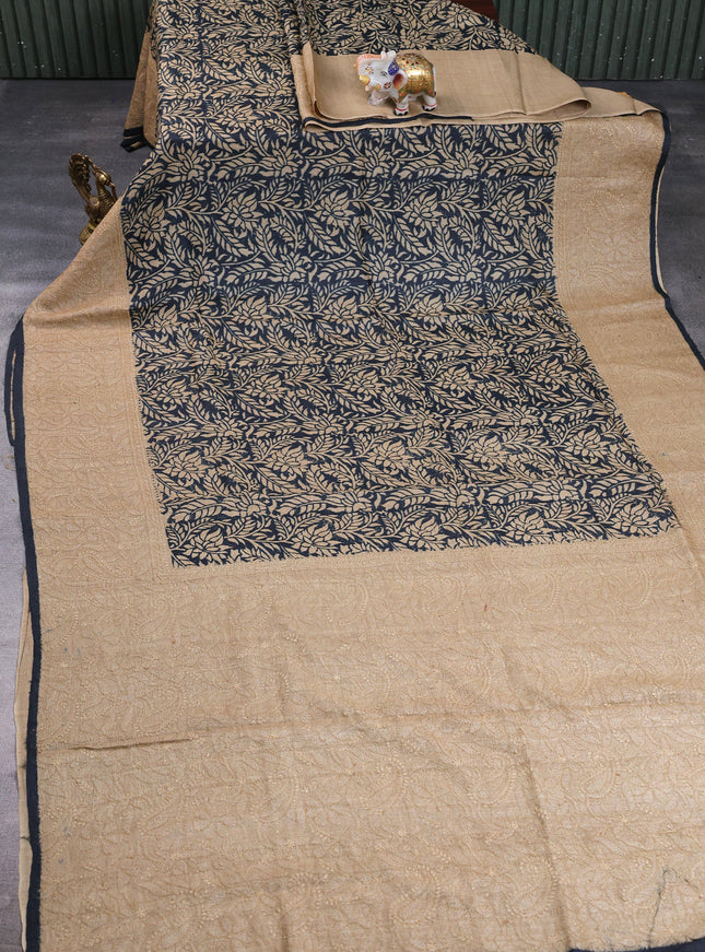 Black - Beige Printed Tussar Chikankari Embroidery Saree