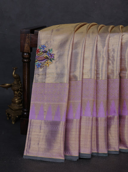 Lavender Pure Kanchipuram Silk Embroidery Saree