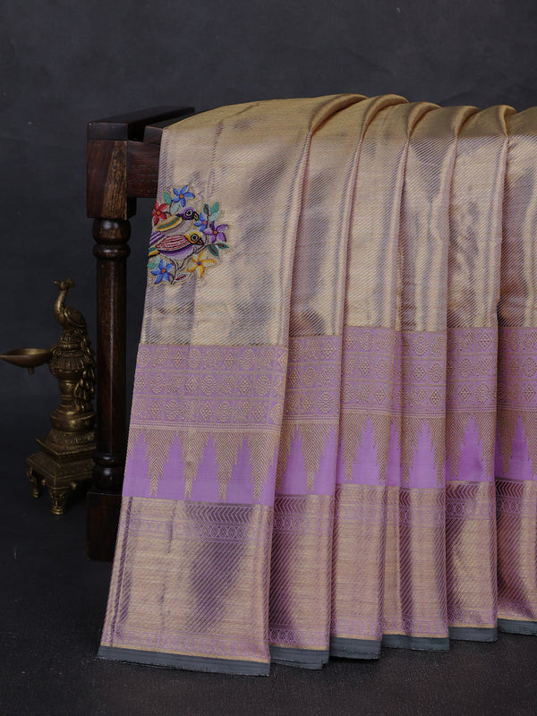 Lavender Pure Kanchipuram Silk Embroidery Saree