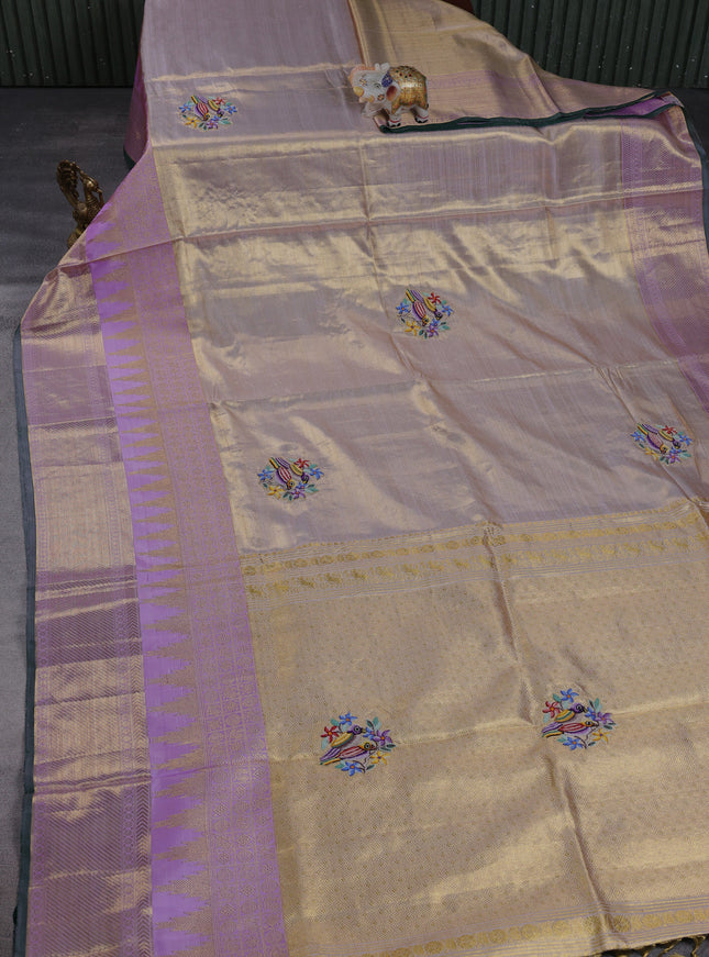 Lavender Pure Kanchipuram Silk Embroidery Saree