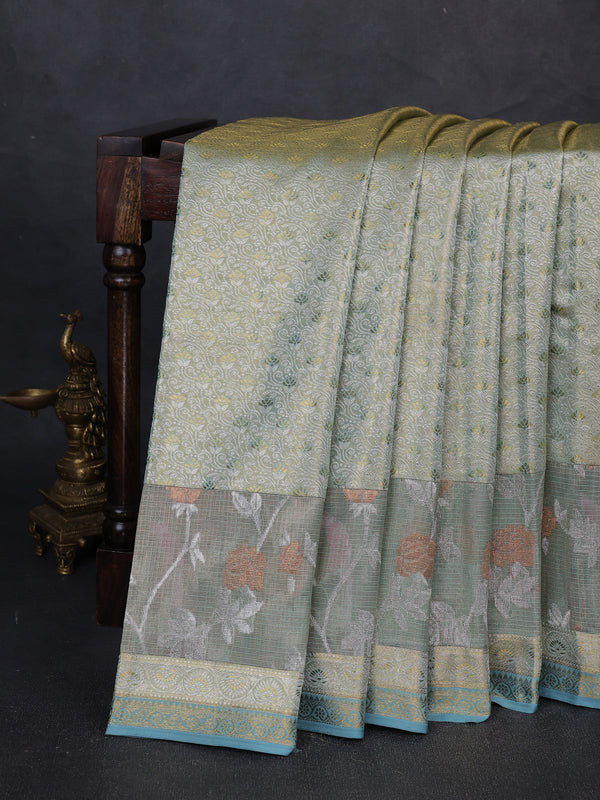 Pista Green Pure Kanchipuram Silk Saree With Kota Border