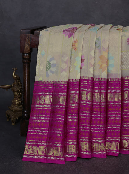 Beige - Magenta Banarasi Kora Real Zari Saree With Kanchi Silk Border