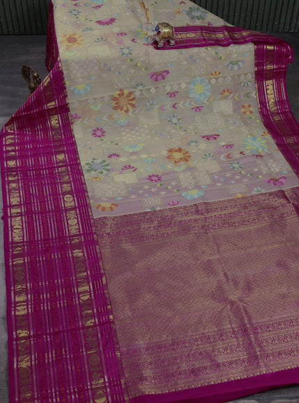 Beige - Magenta Banarasi Kora Real Zari Saree With Kanchi Silk Border