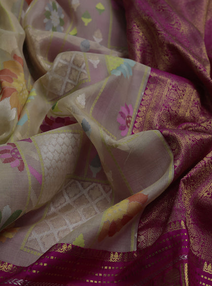 Beige - Magenta Banarasi Kora Real Zari Saree With Kanchi Silk Border