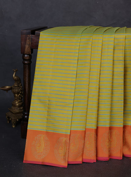 Lime Yellow - Rust Pure Kanchipuram Silk Saree