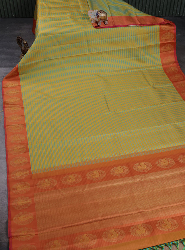 Lime Yellow - Rust Pure Kanchipuram Silk Saree