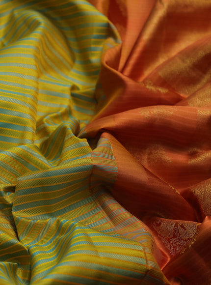 Lime Yellow - Rust Pure Kanchipuram Silk Saree