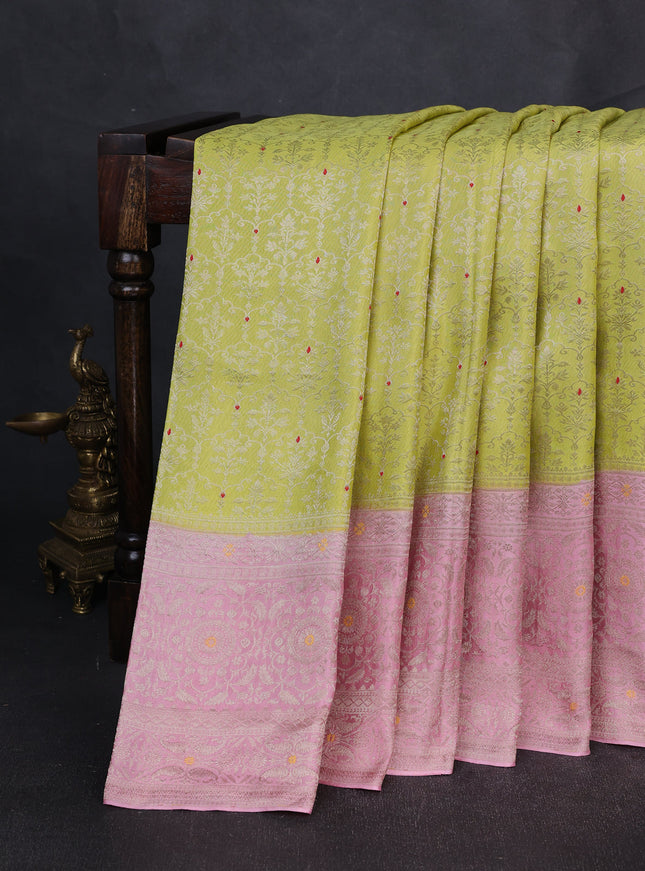 Lime Green - Light Pink Banarasi Crepe Saree