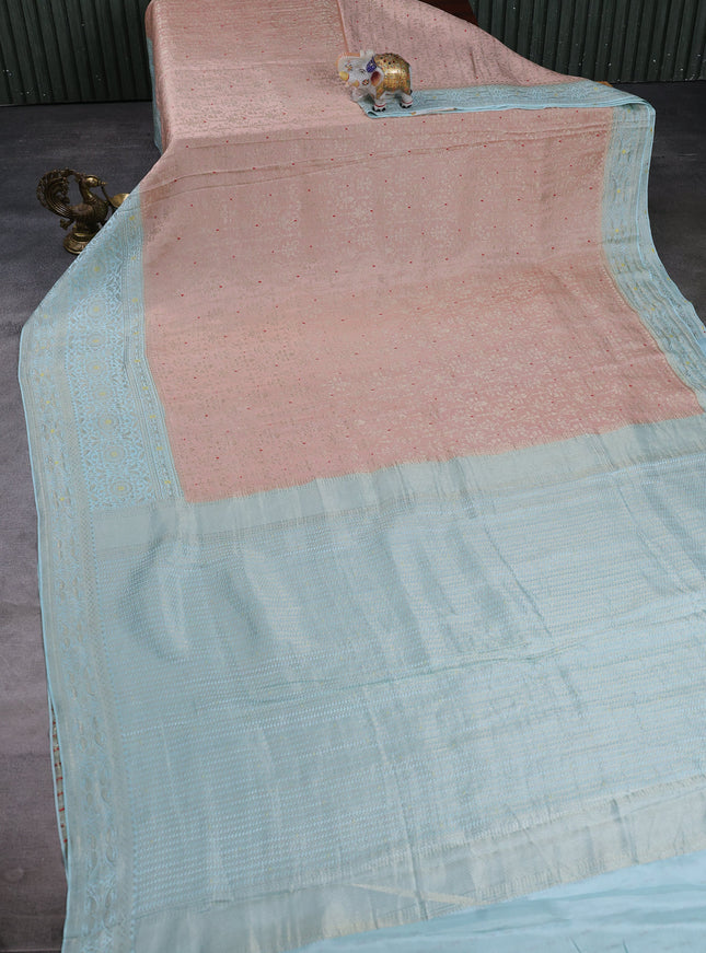 Mild Peach - Light Blue Banarasi Crepe Saree