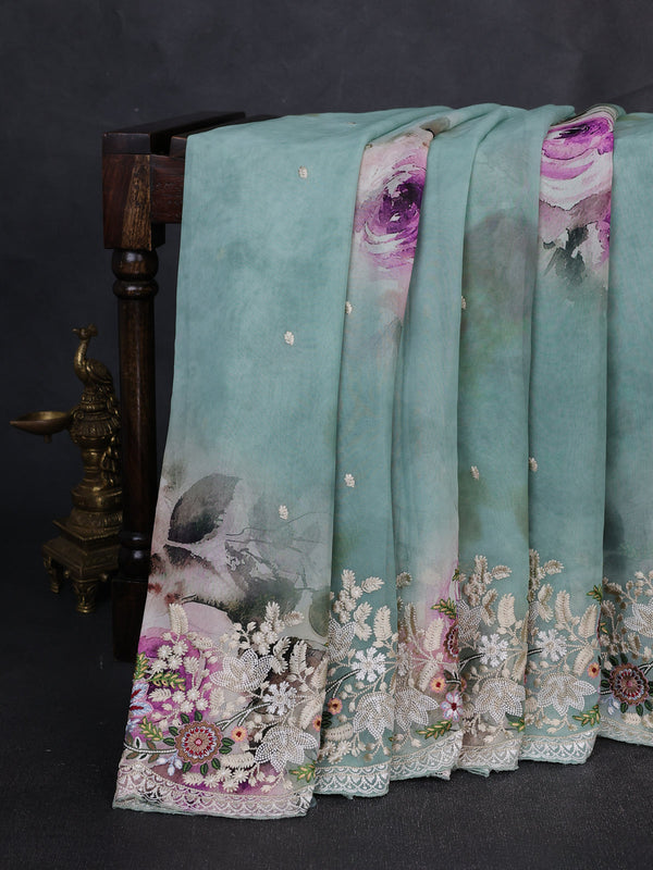 Pastel Green Georgette Embroidery Saree