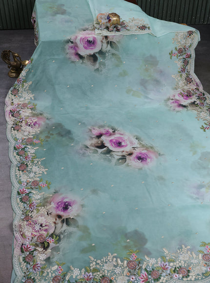 Pastel Green Georgette Embroidery Saree