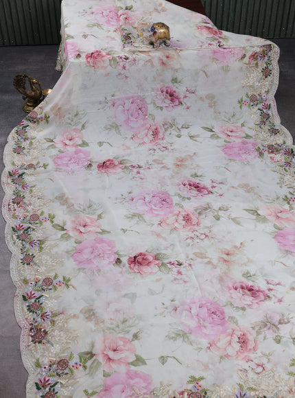 Cream Georgette Embroidery Saree