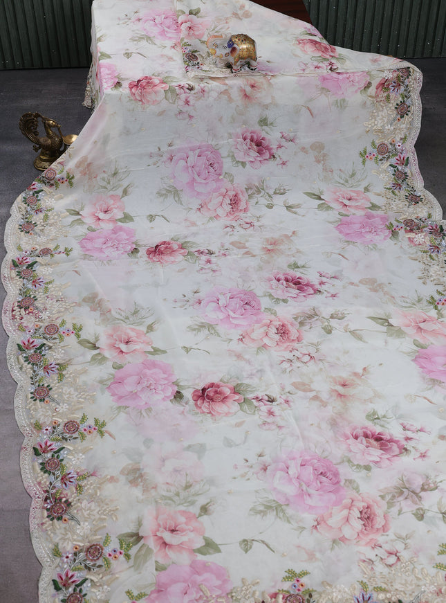Cream Georgette Embroidery Saree