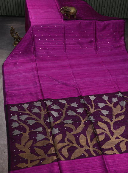 Magenta Pink-Black Matka Tussar Saree