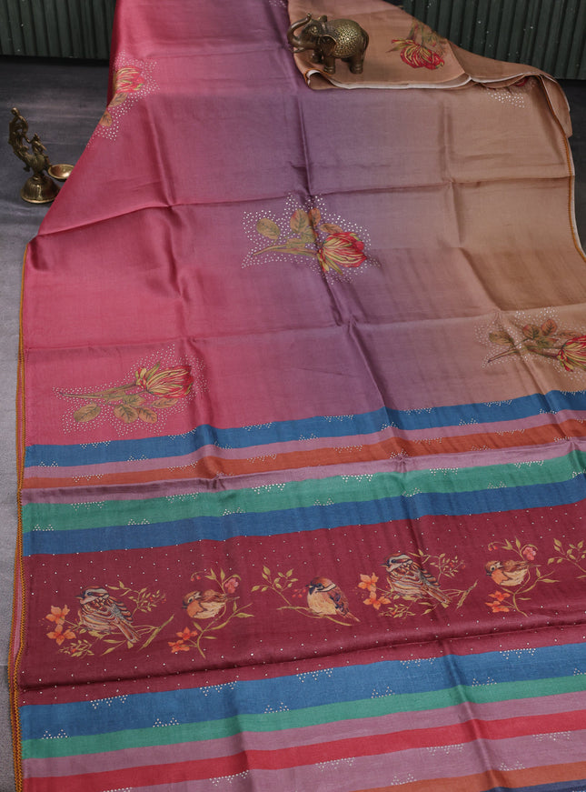 Multi Colour Tussar Silk Embroidery Saree