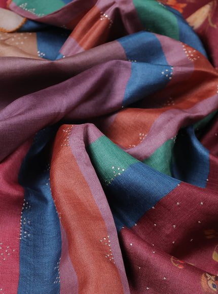 Multi Colour Tussar Silk Embroidery Saree