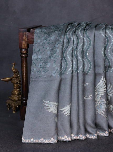 Grey Tussar Silk Embroidery Saree